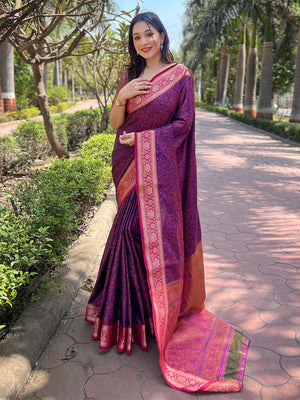 Rajwada Purple Woven Design Silk Blend Saree With Unstitched Blouse For Women