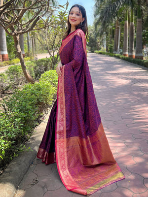 Rajwada Purple Woven Design Silk Blend Saree With Unstitched Blouse For Women