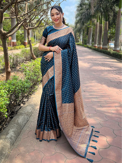 Rajwada Navy Blue Woven Design Silk Blend Saree With Unstitched Blouse For Women