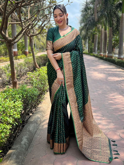 Rajwada Green Woven Design Silk Blend Saree With Unstitched Blouse For Women