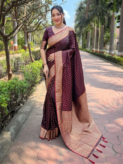 Rajwada Maroon Woven Design Silk Blend Saree With Unstitched Blouse For Women