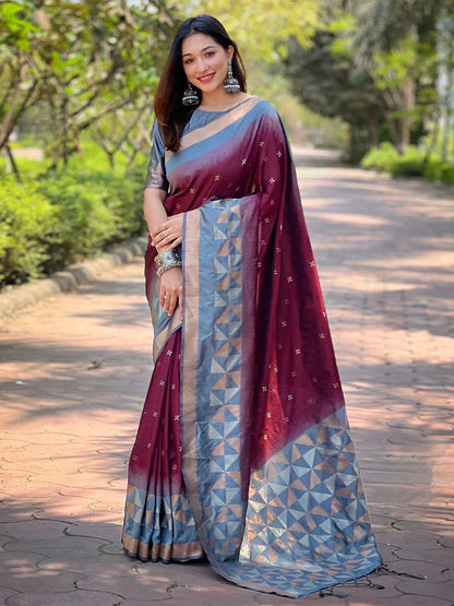 Rajwada Maroon Woven Design Soft Silk Saree With Unstitched Blouse For Women
