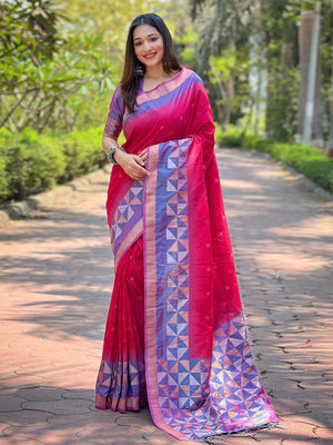 Rajwada Red Woven Design Soft Silk Saree With Unstitched Blouse For Women