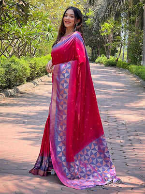 Rajwada Red Woven Design Soft Silk Saree With Unstitched Blouse For Women
