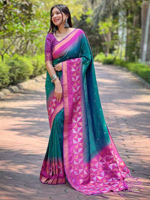 Rajwada Teal Woven Design Soft Silk Saree With Unstitched Blouse For Women