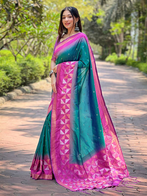 Rajwada Teal Woven Design Soft Silk Saree With Unstitched Blouse For Women
