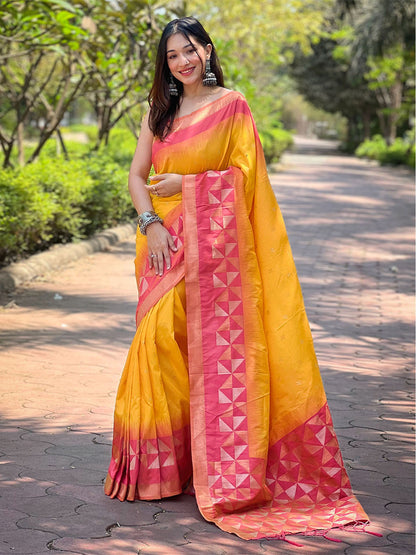 Rajwada Yellow Woven Design Soft Silk Saree With Unstitched Blouse For Women