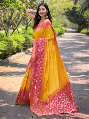 Rajwada Yellow Woven Design Soft Silk Saree With Unstitched Blouse For Women