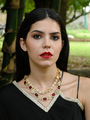 Rajwada Women Red And White Kundan Necklace Set