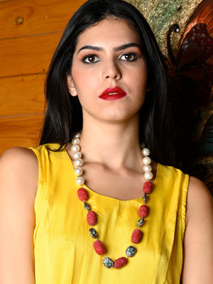 Rajwada Women Stylish Red And White Beads Western Necklace Set