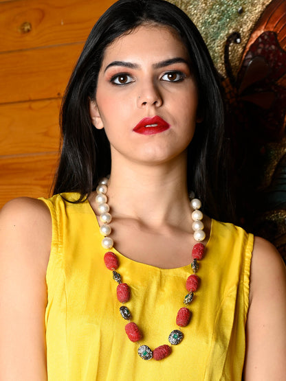 Rajwada Women Stylish Red And White Beads Western Necklace Set