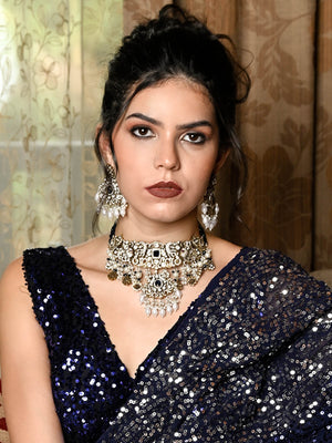 Rajwada Women Royal Blue And White Heavy Bridal Necklace Set With Statement Earrings