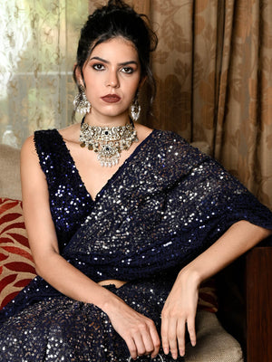 Rajwada Women Royal Blue And White Heavy Bridal Necklace Set With Statement Earrings