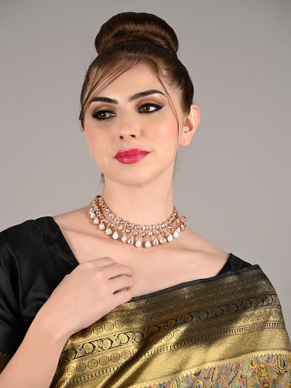 Rajwada Women Golden And White Necklace Set With Statement Earrings