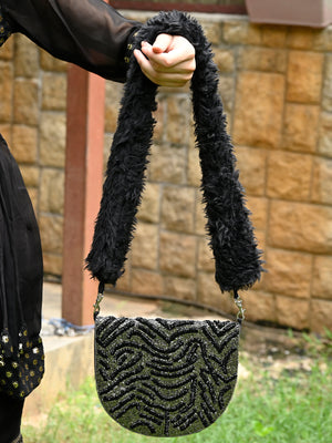 Rajwada Women Black Soft Fur Handle Beads Bag