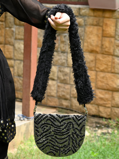 Rajwada Women Black Soft Fur Handle Beads Bag