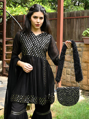 Rajwada Women Black Soft Fur Handle Beads Bag