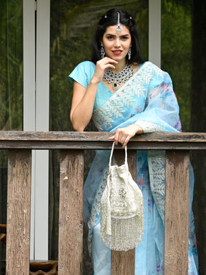 Rajwada Women White Velvet Beaded Potli Bag