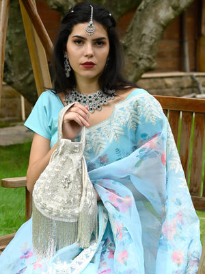 Rajwada Women White Velvet Beaded Potli Bag
