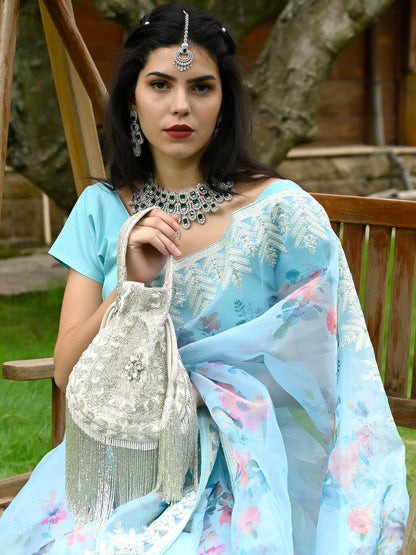 Rajwada Women White Velvet Beaded Potli Bag