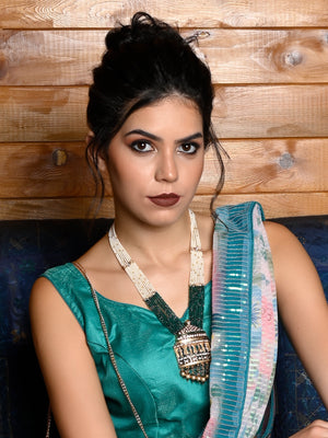 Rajwada Women Green Temple Pendant Long Bridal Necklace