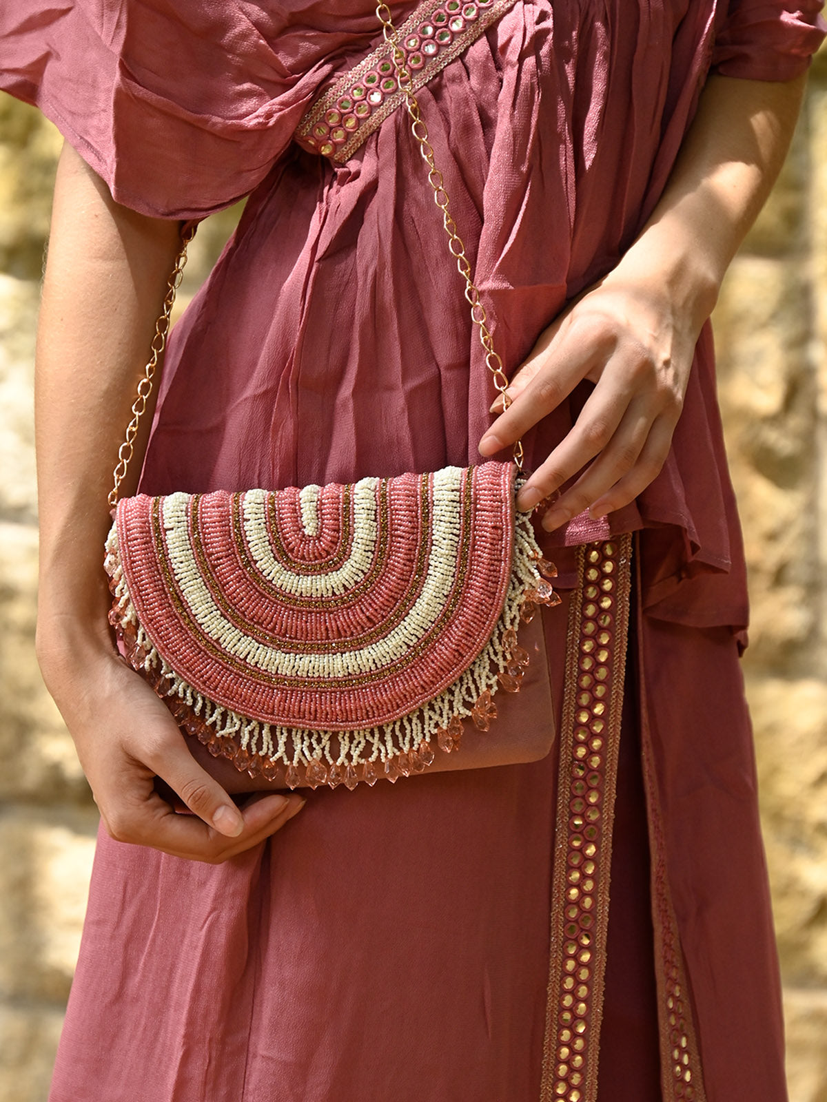 Rajwada - Pink and White Embroidered Clutch