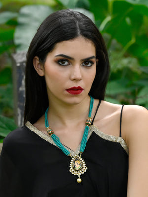 Rajwada Women Vintage Pendant Strung With Teal Beads Necklace