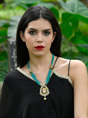 Rajwada Women Vintage Pendant Strung With Teal Beads Necklace
