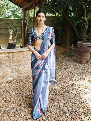 Rajwada Women Blue Digital Printed Saree With Untsitched Blouse