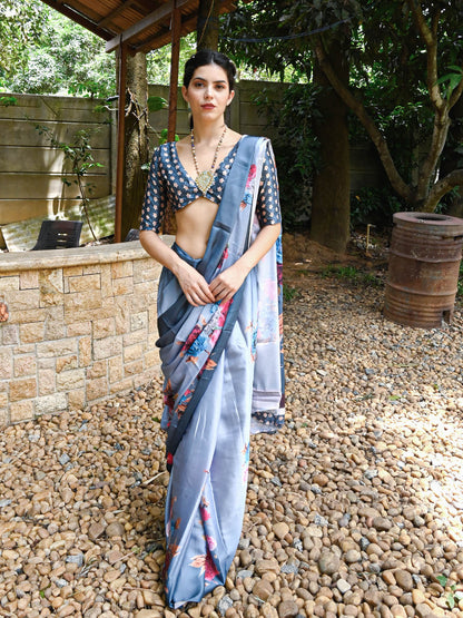 Rajwada Women Blue Digital Printed Saree With Untsitched Blouse