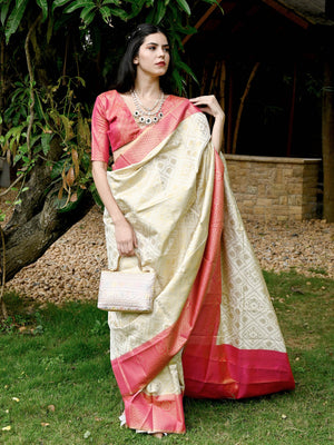 Rajwada Women Apricot Silk Handloom Weaving Saree With Unstitched Blouse