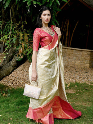 Rajwada Women Apricot Silk Handloom Weaving Saree With Unstitched Blouse