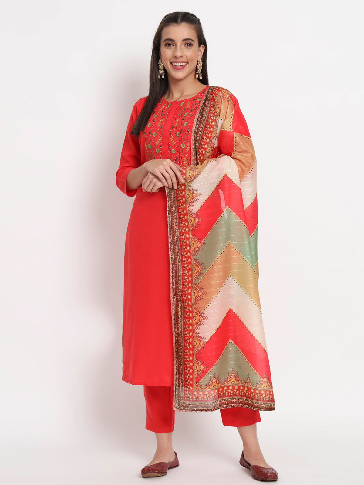 Red Cotton Blend Floral Printed Stitched Kurta Set