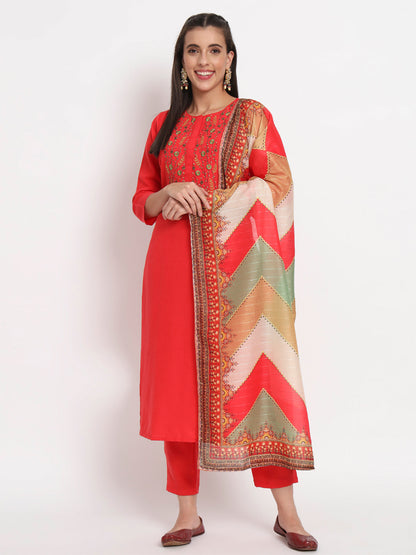 Red Cotton Blend Floral Printed Stitched Kurta Set
