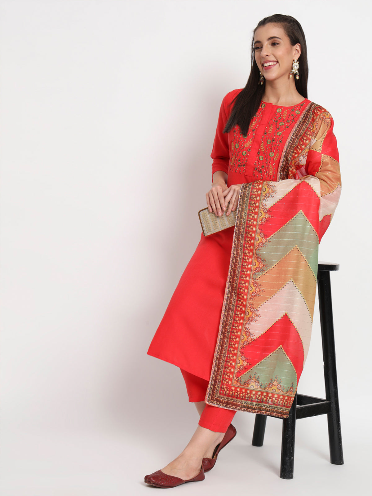 Red Cotton Blend Floral Printed Stitched Kurta Set