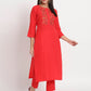 Red Cotton Blend Floral Printed Stitched Kurta Set
