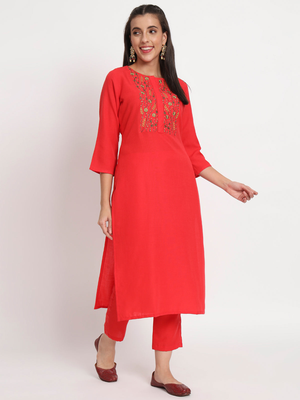 Red Cotton Blend Floral Printed Stitched Kurta Set