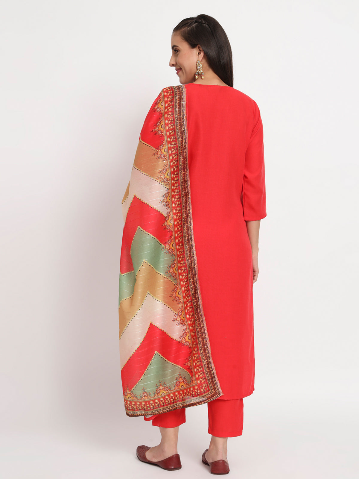 Red Cotton Blend Floral Printed Stitched Kurta Set