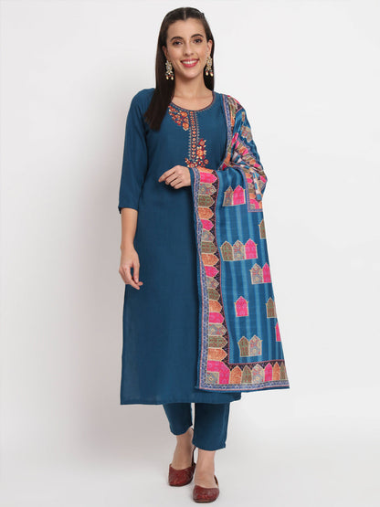 Blue Cotton Blend Embroidered Stitched Kurta Set