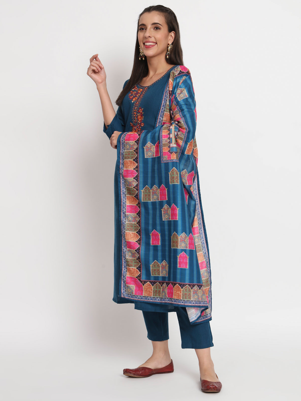 Blue Cotton Blend Embroidered Stitched Kurta Set