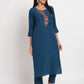 Blue Cotton Blend Embroidered Stitched Kurta Set