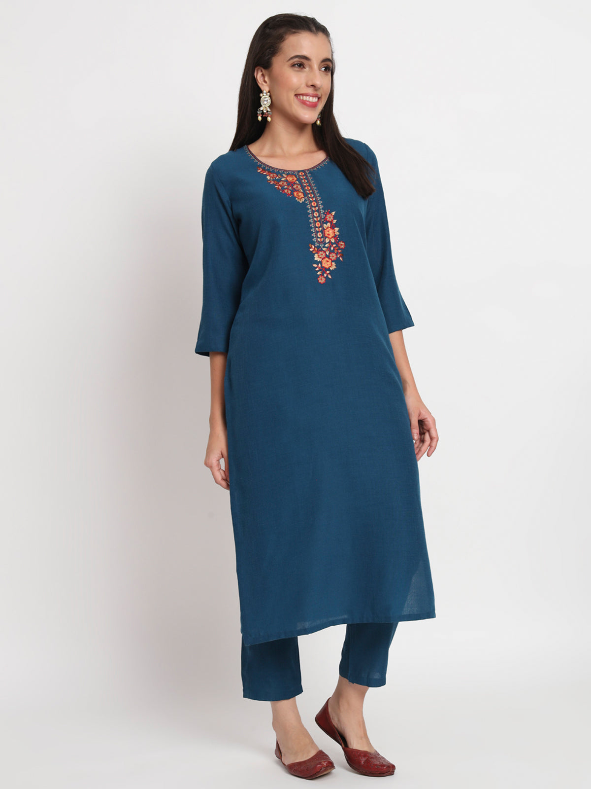 Blue Cotton Blend Embroidered Stitched Kurta Set