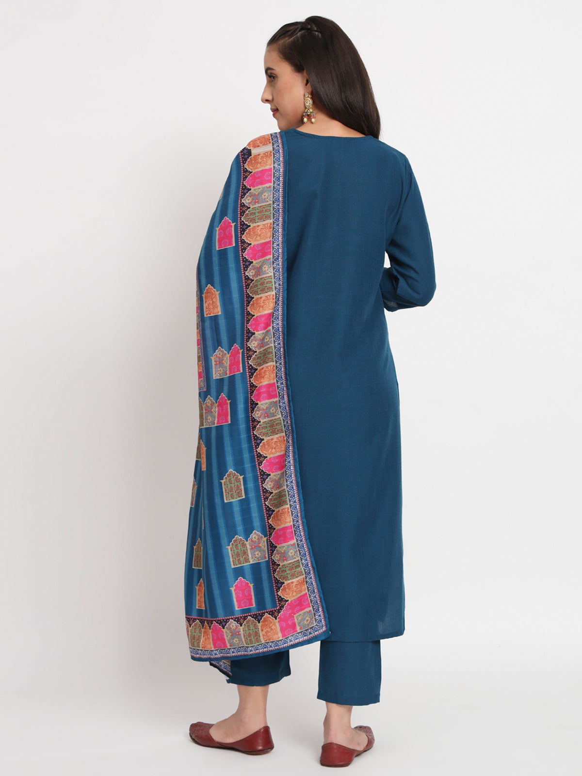 Blue Cotton Blend Embroidered Stitched Kurta Set