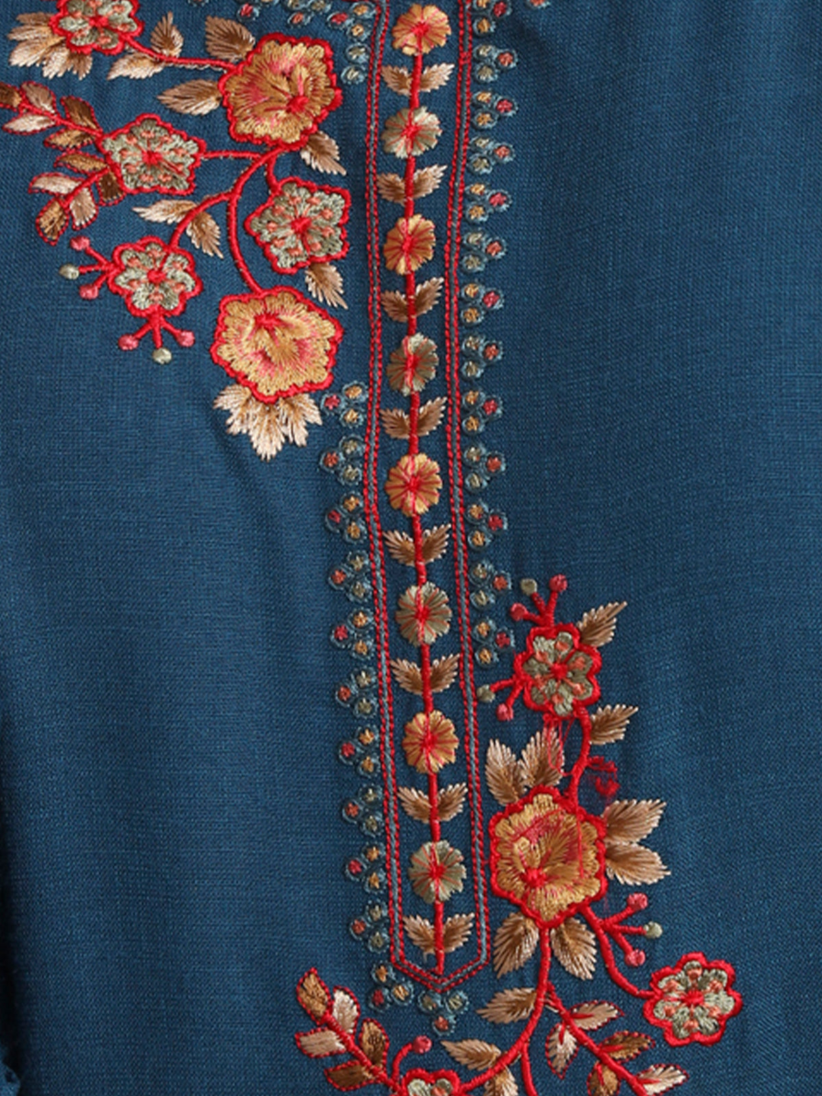 Blue Cotton Blend Embroidered Stitched Kurta Set