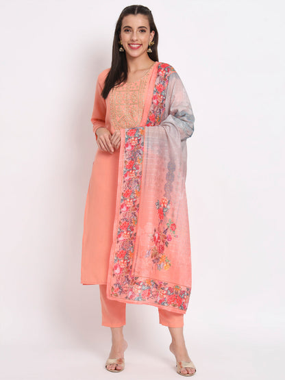 Peach Cotton Blend Embroidered Stitched Kurta Set