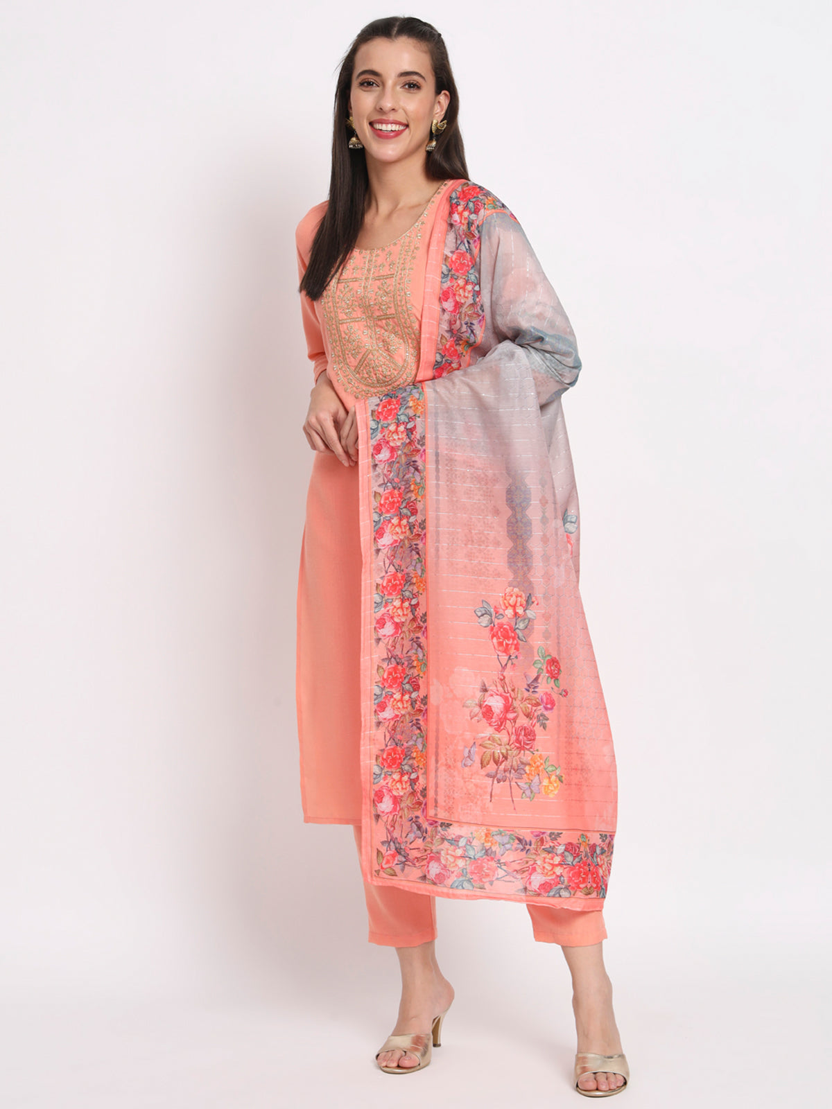 Peach Cotton Blend Embroidered Stitched Kurta Set