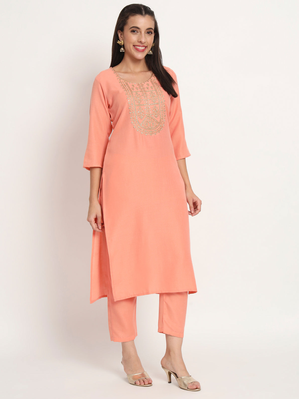 Peach Cotton Blend Embroidered Stitched Kurta Set