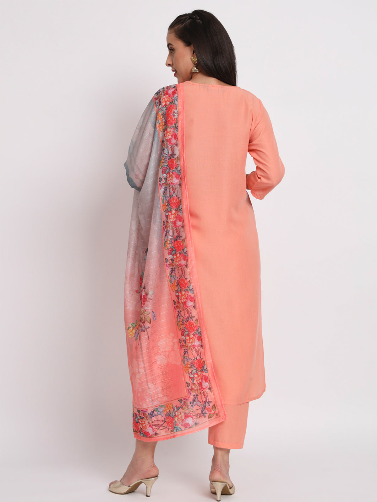 Peach Cotton Blend Embroidered Stitched Kurta Set