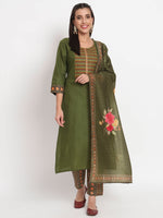 Green Cotton Blend Embroidered Stitched Kurta Set