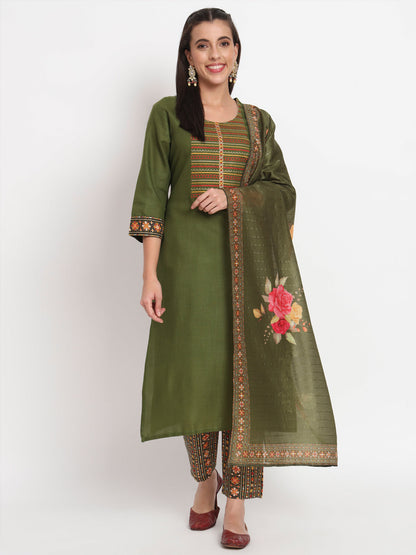 Green Cotton Blend Embroidered Stitched Kurta Set